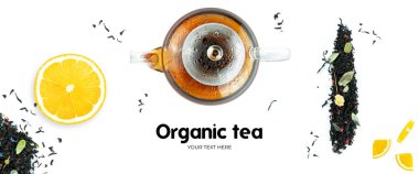 Beyaz arka planda çaydanlık. Uzun başlık pankartı biçimi. Panorama web sitesi başlık pankartı. Yüksek kalite fotoğraf