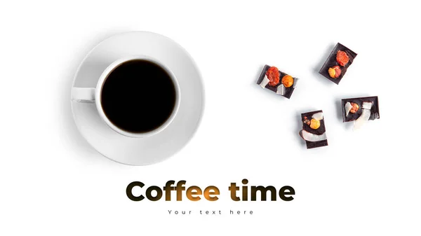 Kávé Nyers Csokoládé Fehér Háttérrel Hosszú Fejléc Banner Formátum Panoráma — Stock Fotó