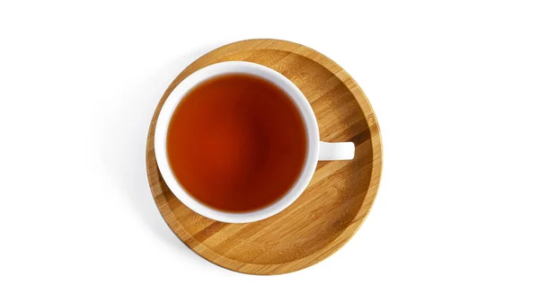 White Cup Tea Wooden Saucer White Background View Top High — Stock Photo, Image