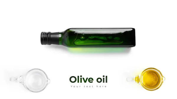 Oliwa Oliwek Zielonej Butelce Białym Tle Długi Format Nagłówka Banera — Zdjęcie stockowe