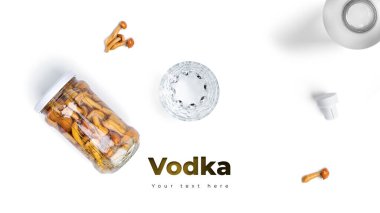 Beyaz arka planda votka, bardak ve turşu. Uzun başlık pankartı biçimi. Panorama web sitesi başlık pankartı. Yüksek kalite fotoğraf