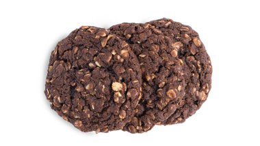 Beyaz arka planda üzümlü ve hindistan cevizli çikolatalı yulaflı kurabiyeler. Yukarıdan bak. Yüksek kalite fotoğraf