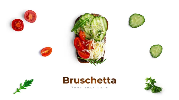 Bruschetta Com Diferentes Recheios Fundo Branco Legumes Carne Queijo Bruschetta — Fotografia de Stock