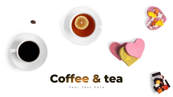 Kávé Tea Nyers Csokoládé Fehér Háttérrel Hosszú Fejléc Banner Formátum — Stock Fotó