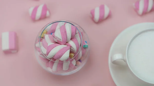 Marshmallow Rosa Con Una Deliziosa Bevanda Calda Colazione Bambine Foto — Foto Stock