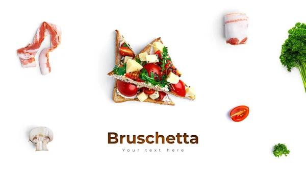 Bruschetta Com Diferentes Recheios Fundo Branco Legumes Carne Queijo Bruschetta — Fotografia de Stock