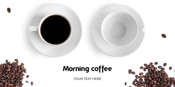 Koffiekopjes Snoepjes Een Witte Achtergrond Lange Header Banner Formaat Panorama — Stockfoto