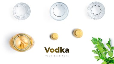 Beyaz arka planda votka, bardak ve turşu. Uzun başlık pankartı biçimi. Panorama web sitesi başlık pankartı. Yüksek kalite fotoğraf