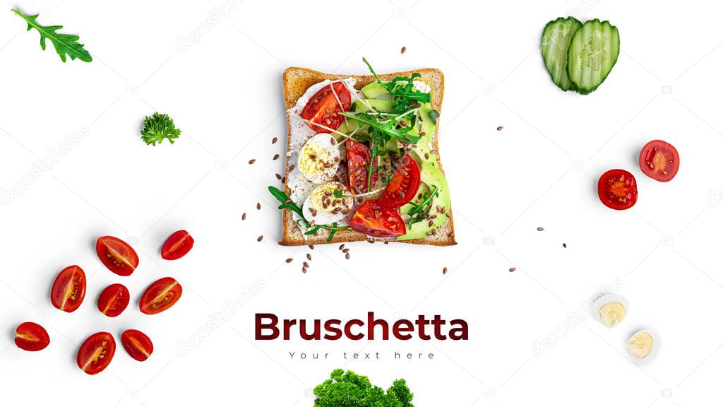 Bruschetta with vegetables and quail egg on a white background. High quality photo