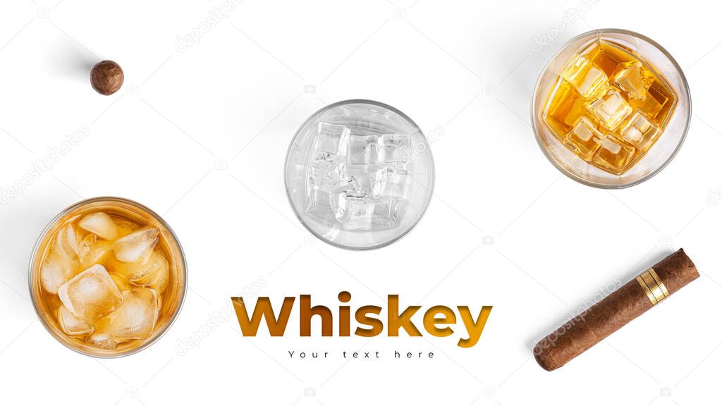 Whiskey with ice and cigar on white background. Long header banner format. Panorama website header banner. High quality photo