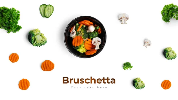 Bruschetta Com Diferentes Recheios Fundo Branco Legumes Carne Queijo Bruschetta — Fotografia de Stock