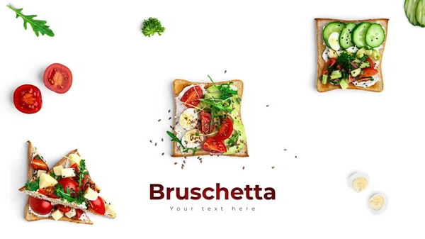 Bruschetta Různými Výplněmi Bílém Pozadí Zelenina Maso Sýr Bruschetta Kvalitní — Stock fotografie