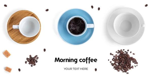 Kávécsészék Édességek Fehér Alapon Hosszú Fejléc Banner Formátum Panoráma Weboldal — Stock Fotó