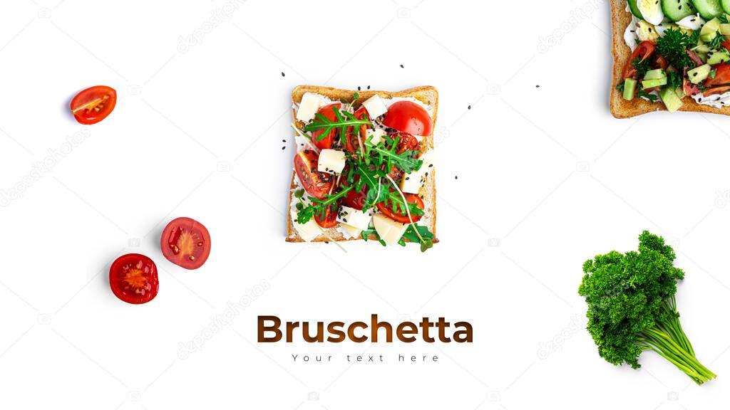 Bruschetta with different fillings on a white background. Vegetables, meat and cheese bruschetta. High quality photo