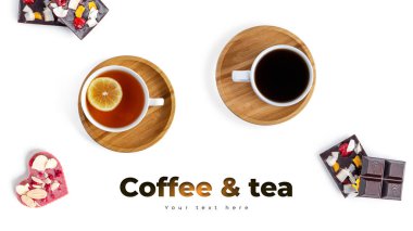 Beyaz arka planda kahve, çay ve çiğ çikolata. Uzun başlık pankartı biçimi. Panorama web sitesi başlık pankartı. Yüksek kalite fotoğraf