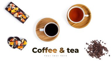 Beyaz arka planda kahve, çay ve çiğ çikolata. Uzun başlık pankartı biçimi. Panorama web sitesi başlık pankartı. Yüksek kalite fotoğraf