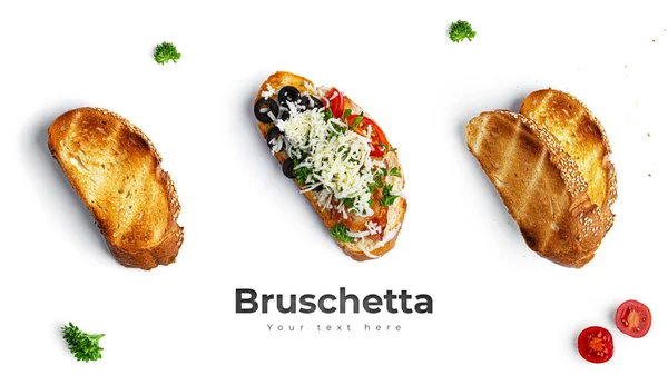 Bruschetta Mit Verschiedenen Füllungen Auf Weißem Hintergrund Bruschetta Mit Gemüse — Stockfoto