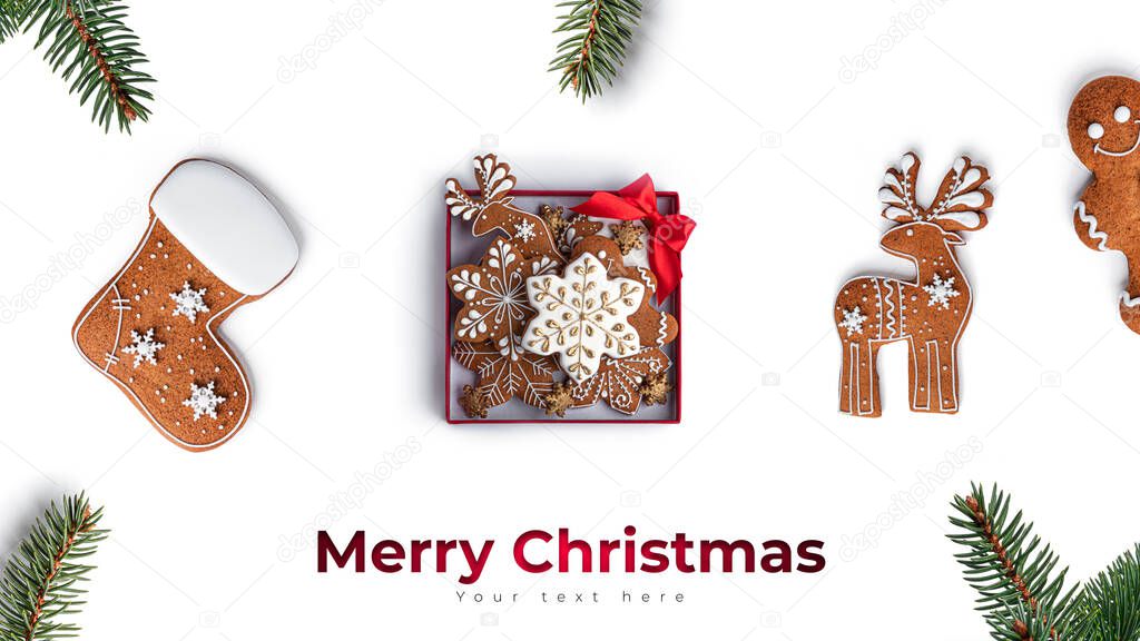 Merry Christmas with gingerbread cookies. Long header banner format. Panorama website header banner. . High quality photo
