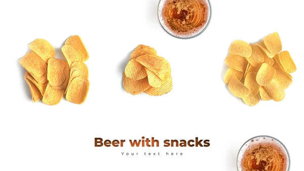 Birra Con Snack Sfondo Bianco Foto Alta Qualità — Foto Stock