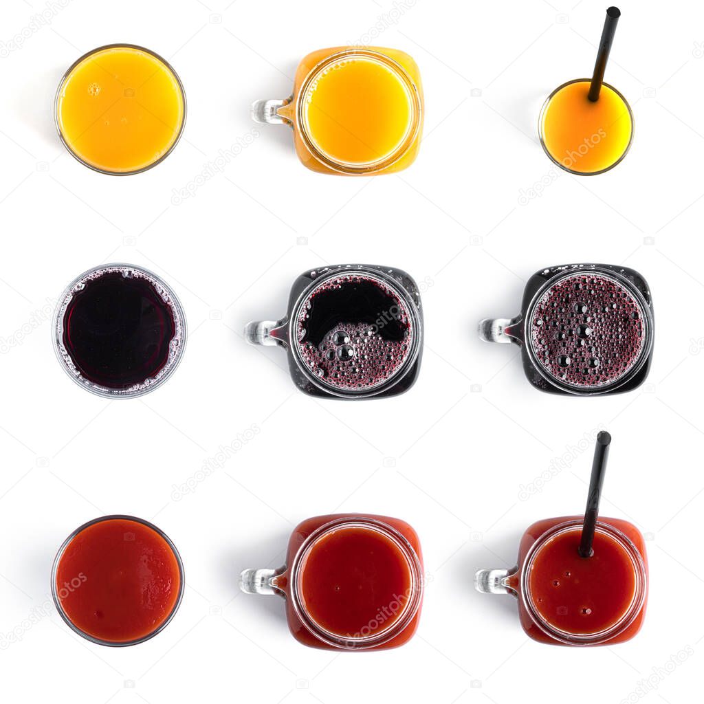 Juice in glass on a white background. View from the top.