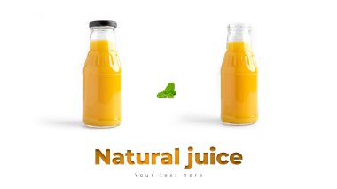 Beyaz arka planda portakal suyu şişesi.