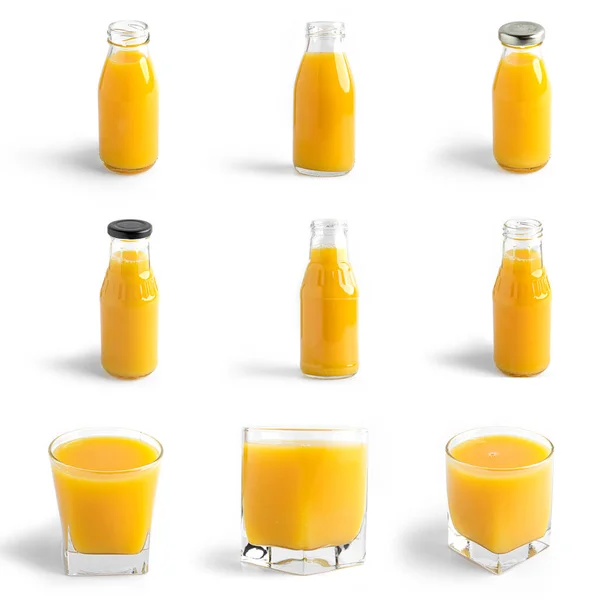 Jugo de naranja en botella sobre fondo blanco. — Foto de Stock