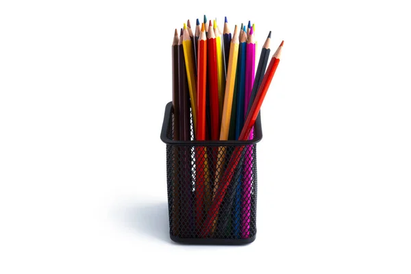 Des Crayons Colorés Dans Organisateur Sont Isolés Sur Fond Blanc — Photo
