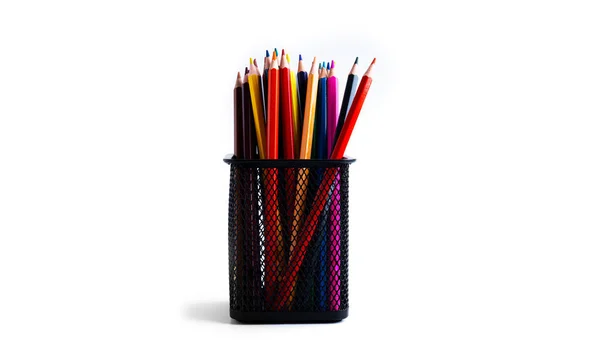 Des Crayons Colorés Dans Organisateur Sont Isolés Sur Fond Blanc — Photo