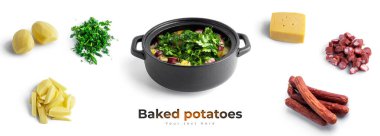 Sosisli, peynirli ve otlu fırında patates. Siyah bir tencerede patates. Yüksek kalite fotoğraf