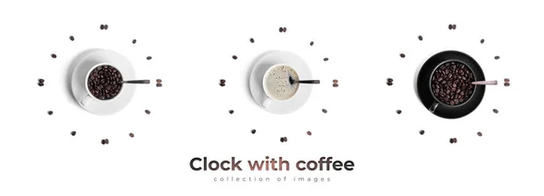 Reloj de taza blanca con granos de café aislados sobre un fondo blanco. — Foto de Stock