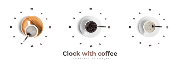 Reloj de taza blanca con granos de café aislados sobre un fondo blanco. — Foto de Stock