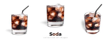 Beyaz arka planda izole edilmiş şeffaf bir bardakta buzlu soda..