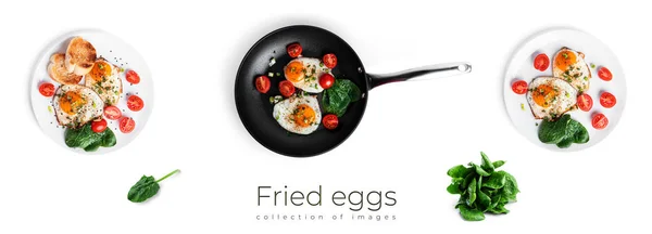 Huevos fritos con verduras en la sartén aislados sobre un fondo blanco. Hermoso desayuno. —  Fotos de Stock