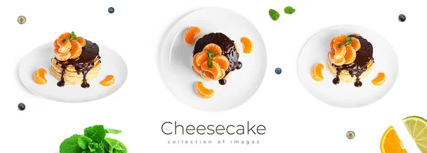 Pfannkuchen mit Schokolade und Mandarinen isoliert auf weißem Hintergrund. — Stockfoto