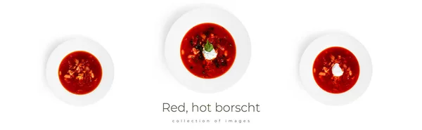 Borscht vermelho, quente - sopa de beterraba com creme azedo e ervas em panela preta isolada em um fundo branco. — Fotografia de Stock