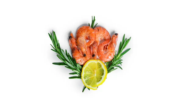 Boiled shrimps with lemon and rosemary isolated on a white background. — 图库照片