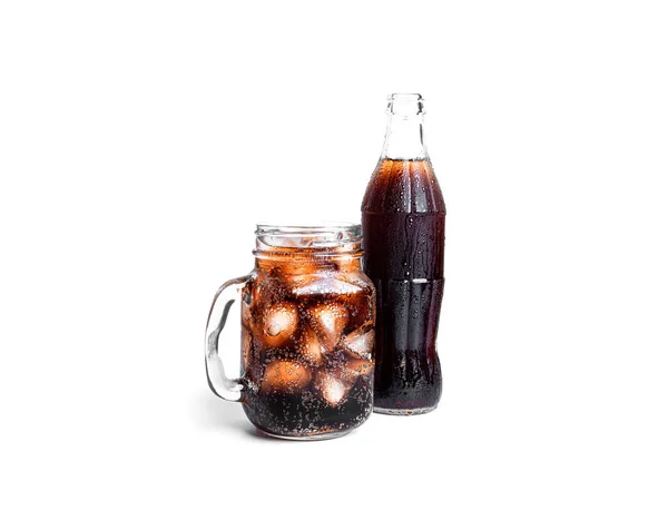 Mason jar and bottle of soda isolated on white background. Coca cola isolated. — стоковое фото