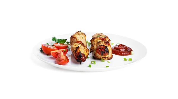 Chicken skewers with vegetables on white plate isolated on a white background. Souvlaki isolated. — Stock Photo, Image