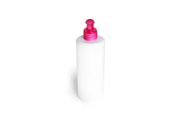 Пластикова пляшка насоса з рожевим дозатором для рідкого мила або гелю ізольована на білому фоні . — стокове фото