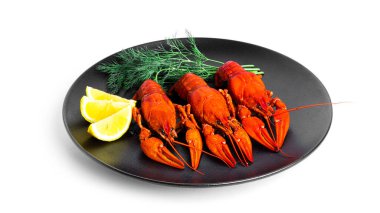 Siyah tabakta dereotlu ve limonlu haşlanmış kerevit. Beyaz arka planda izole edilmiş..