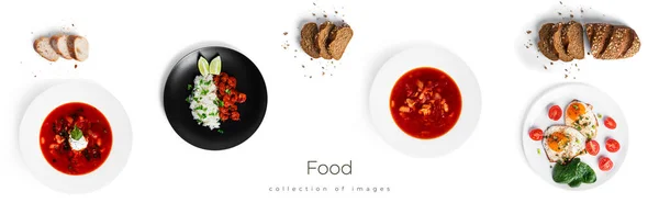 Diferentes platos están aislados sobre un fondo blanco. Borscht, arroz con carne, huevos fritos y pan. —  Fotos de Stock