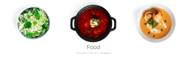 野菜サラダ、ボルシチ、カボチャのスープは白い背景に隔離されています。フードバナー. — ストック写真