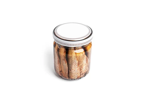 Sprats in glass jar isolated on a white background. — Stock Photo, Image