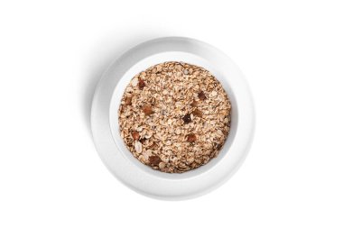 Müsli beyaz bir arka planda izole edildi. Granola izole.