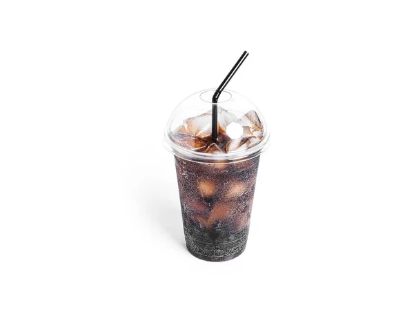 Soda with ice in a transparent plastic glass isolated on a white background.