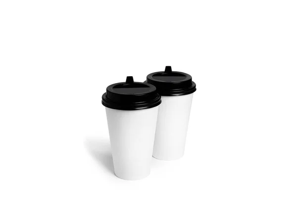 Weiße Einwegbecher mit schwarzem Deckel, isoliert auf weißem Hintergrund. Pappbecher vorhanden. Kaffeetassen vorhanden. Kaffee zum Mitnehmen. — Stockfoto