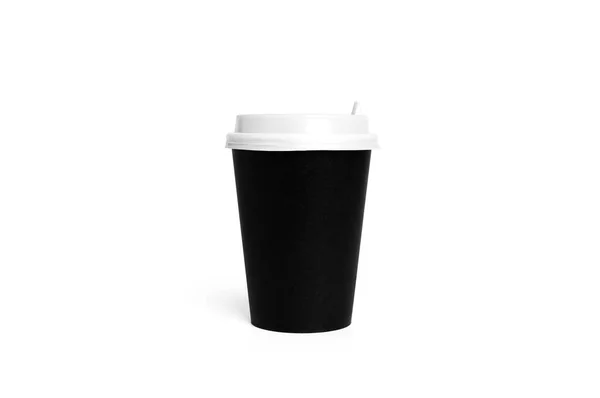 Tazza monouso nera isolata su fondo bianco. Bicchiere di carta. Tazza di caffè. — Foto Stock