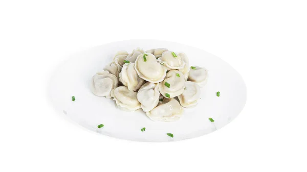 Dumplings con ternera de mármol y cebolla verde aislados sobre un fondo blanco. — Foto de Stock