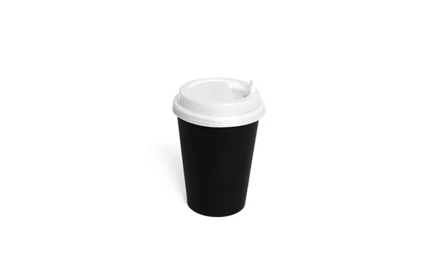 Copo descartável preto isolado em um fundo branco. Copo de papel. Xícara de café. — Fotografia de Stock