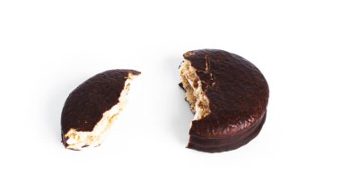Chocolate dessert chocopie isolated on white background. Chocolate sponge cake. Chocolate cookies.